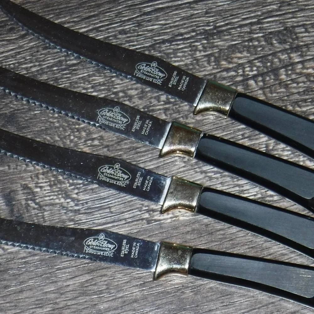 Set of 4 Goldbelly Steak Knives‎ Serrated Blade Black Handle Stainless Steel